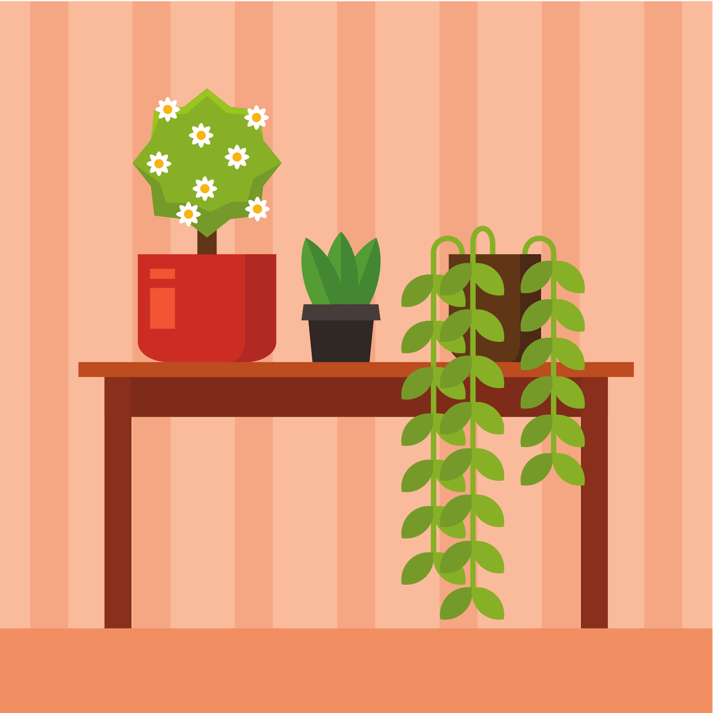 Three potted houseplants arranged on a wooden table against a striped wall